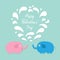 Happy Valentines Day. Love card. Pink and blue elephants with heart fountain Flat design