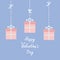 Happy Valentines Day. Love card. Three hanging giftboxes. Dash line with bow. Flat design. Rose quartz serenity color background.