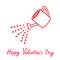 Happy Valentines Day. Love watering can with red hearts water drops.