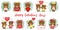 Happy Valentines Day. Mega set of twelve characters cute brown bear in various poses and accessories in cartoon style