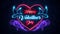 Happy valentines day neon light animation with doves flying heart and vines decoration lines against blue vintage brick wall