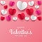 Happy valentines day paper cut style with colorful heart shape in pink background