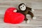Happy Valentines Day, the plush monkey and the red heart.