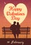 Happy Valentines Day poster, retro. Silhouette loving couple on the bench at night