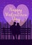 Happy Valentines Day poster, retro. Silhouette loving couple on the bench at night