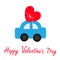 Happy Valentines Day sign symbol. Toy car carrying red love heart shape icon with bow. Delivering gift. Flat design. Greeting card