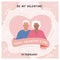 Happy Valentines Day square greeting card with modern senior people. Elderly cute grandmother and grandfather in love