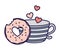 Happy valentines day sweet bite donut and coffee cup hearts
