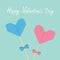 Happy Valentines Day. Two sticks with origami folded paper hearts and bows. Pink and blue pastel colors. Love greeting card templa