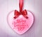 Happy Valentines Day Typography with Pink Heart Hanging with Red Ribbon