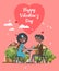 Happy Valentines Day vector. Greeting card with african america couple in love in cafe. Valentine`s background in flat style.
