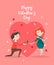 Happy Valentines Day vector illustration. Greeting card with young african american couple in love. Valentine`s background in flat