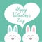 Happy Valentines Day. White bunny rabbit couple. Heart frame template. Cute cartoon smiling character twins. Baby greeting card. G