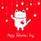 Happy Valentines Day. White cat Hanging white hearts. Dash line.