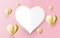 Happy valentines day. White and gold Heart shape on soft pink background.