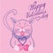 Happy Valentineâ€™s Day card with pink cat. The kitty holds a cherry in the form of hearts