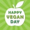 Happy vegan day icon on rays background. Colorful cartoon letters. Vector