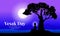 Happy vesak day with Buddha meditation under Bodhi Tree in full moon night vector design