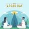 Happy vesak day or buddha purnima - Buddhist man and woman in white meditate near a temple vector design