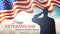 Happy veterans day banner. Waving american flag, silhouette of a saluting us army soldier veteran on bokeh sky background. US