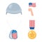 Happy veterans day, medal hand with flag and helmet icons, US military armed forces soldier