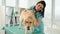 Happy veterinarian stroking golden retriever dog