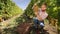 Happy vintner in France examining grapes during vintage. Mature man working