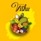 Happy Vishu greetings. April 14 Kerala festival with Vishu Kani, vishu flower Fruits and vegetables in a bronze vessel. vector