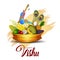 Happy Vishu greetings. April 14 Kerala festival with Vishu Kani, vishu flower Fruits and vegetables in a bronze vessel. vector