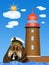 Happy walrus with cap and pipe in front of the famous lighthouse of Bremerhaven, Germany