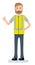 Happy warehouseman shows the thumb. The warehouse Manager working Cartoon character person in working situations.