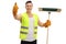 Happy waste collector holding a broom and making a thumb up sign