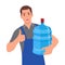 Happy water delivery courier holding gallon of water with thumb up