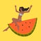 Happy watermelon day concept. Young woman chilling and sitting on a watermelon slice. Flat cartoon vector illustration