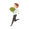 Happy Wealthy Businessman Running with Lot of Money, Lucky Successful Rich Person Vector Illustration