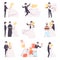 Happy wedding couple set, bride and groom celebrating marriage, dancing, hugging, cutting cake vector Illustration on a