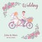 Happy weddings. Vector illustration. The bride and groom ride a