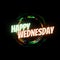 Happy Wednesday Greetings Text Post Design. Colorful Neon Rings & Black Background. Colorful Weekdays Design for Social Media.