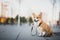 Happy welsh corgi pembroke dog portait on a leash during a walk in the city center