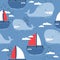 Happy whales and boats, colorful marine seamless pattern. Decorative cute background