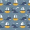 Happy whales and boats, colorful seamless pattern. Decorative cute background with fishes