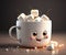 A happy white cup of hot chocolate with marshmallows in it on a gray background. Created with Generative AI