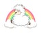 Happy white fluffy alpaca, sheep, llama animal leaping on clouds with rainbow cartoon