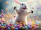 Happy white rabbit jump and enjoy with multicolored painted eggs. Generative AI. Concept of Easter bunny and spring