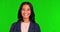 Happy, wink and face of a woman on a green screen, laughing and confident with mockup. Smile, corporate and portrait of