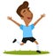 Happy winning South American cartoon outfield player wearing blue shirt and black shorts running and jumping joyfully