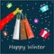 Happy winter greetings with different presents