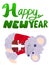 Happy winter grey mouse with red christmas weather and gift card.