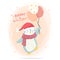 Happy winter happy pink penguin with red scarf and red hat  holding pink star balloons