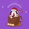 Happy Winter Holidays Poster Design, Cute Penguin With Candy Cane In Cup And Marshmallow On Purple Snowfall